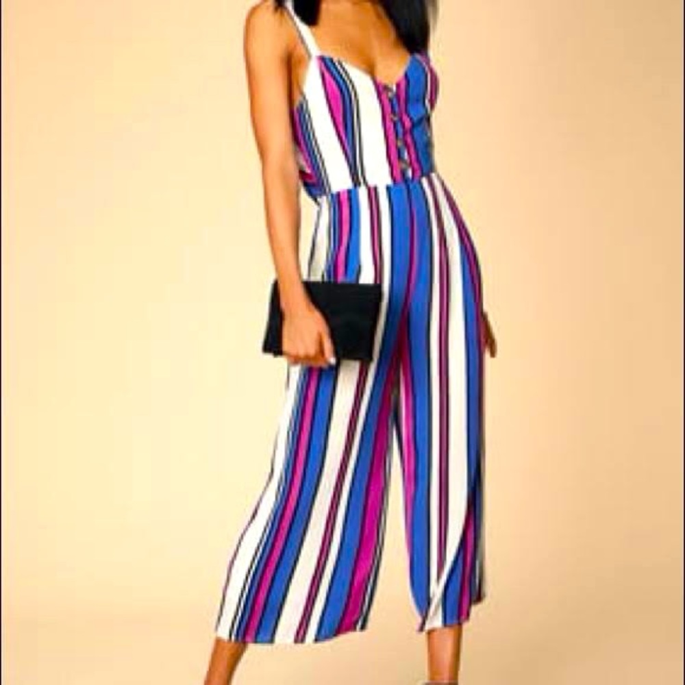 Lulu's Multicolor Striped Straight-Leg Jumpsuit (White, Blue, Pink)